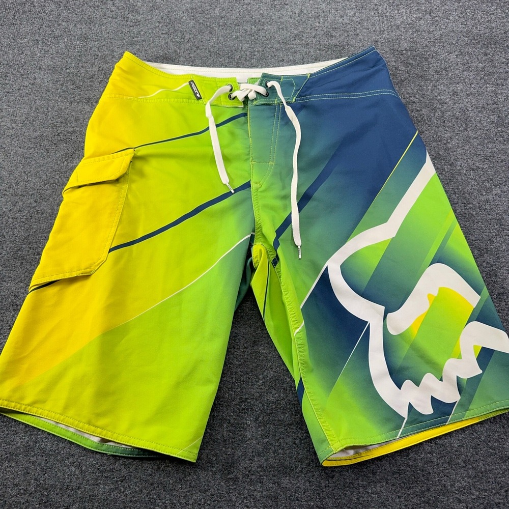 Fox Racing Mens Board Shorts Green Yellow Blue Logo Swim Trunks Size 32